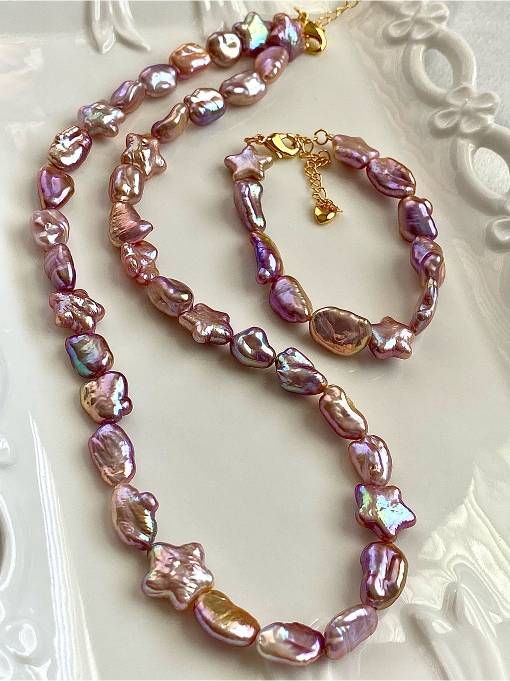 S68- Metallic High Luster Keshi Pearl And Star Pearl Necklace And Bracelet Set